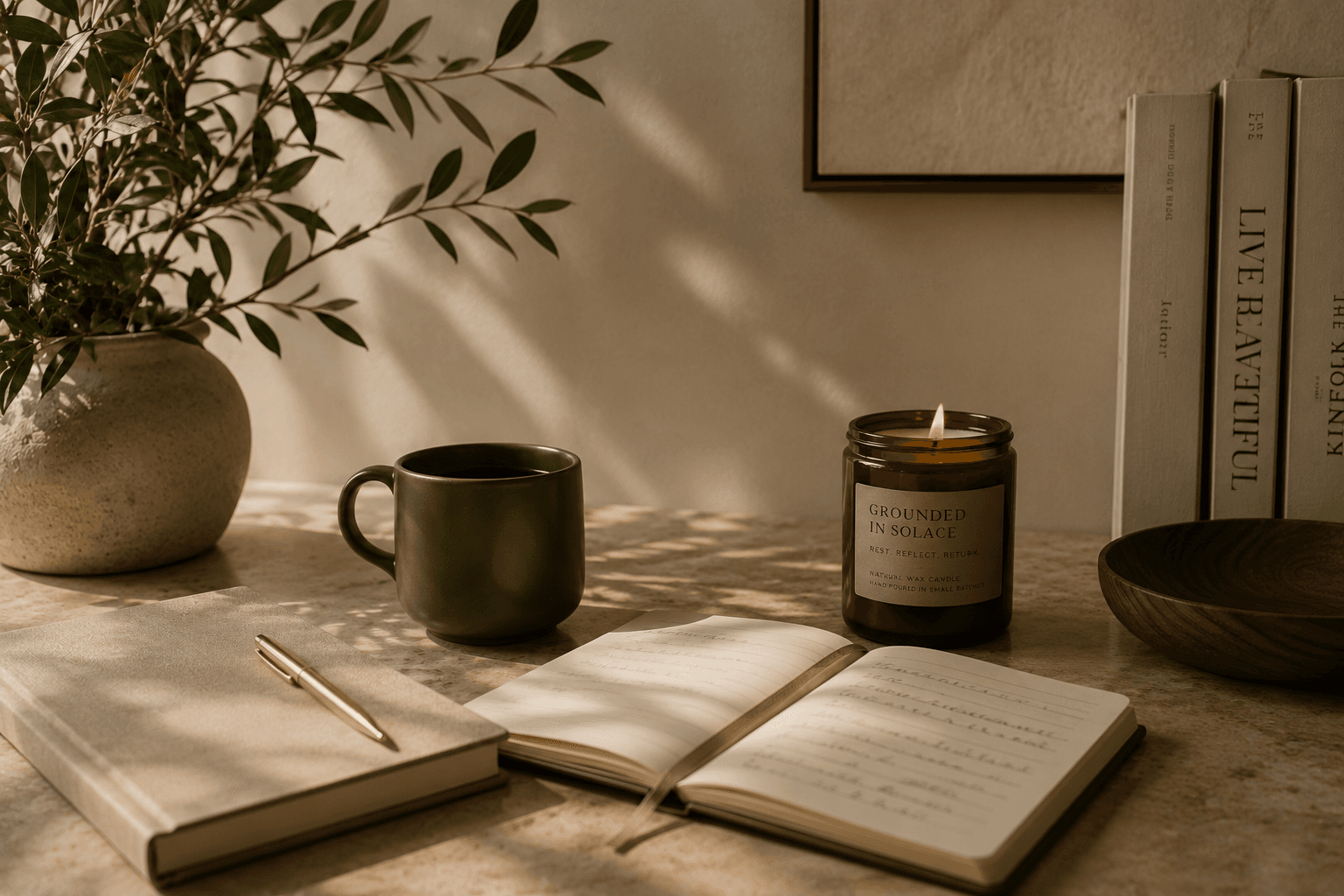 A warm still life with a Grounded in Solace candle, an open journal, and olive branches